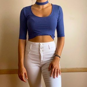 Blue Ribbed Choker Crop Top, US M